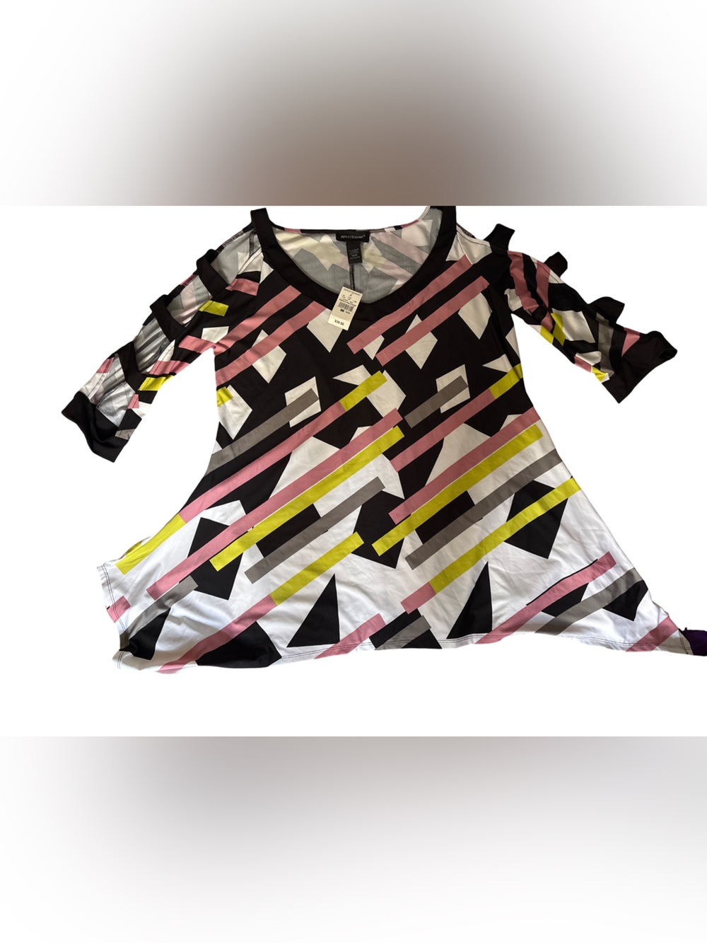 Ashley Stewart Geometric Cold-Shoulder Top in Black, White, Pink, Yellow